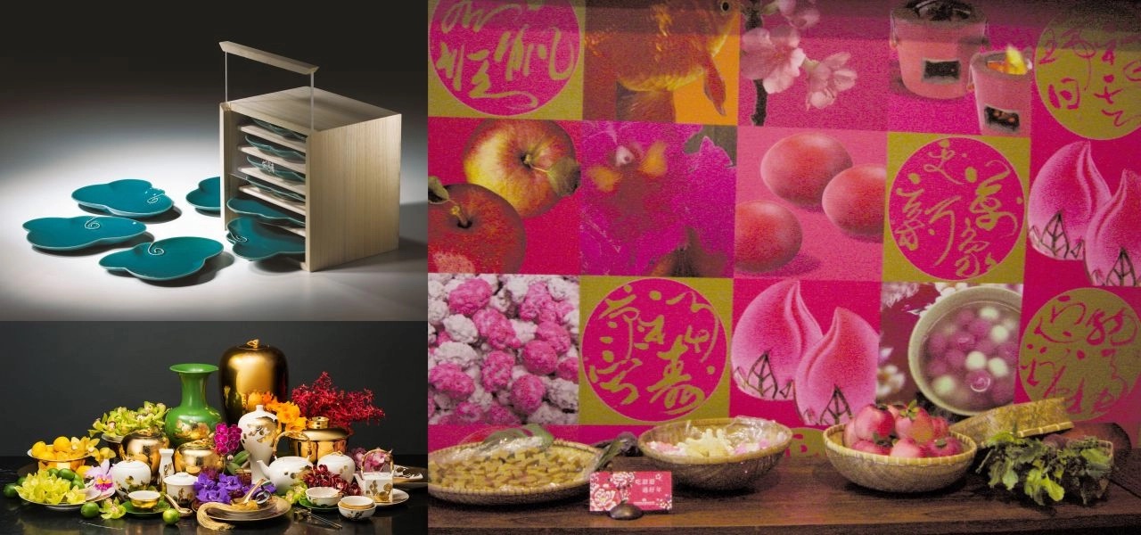 博物館或展覽空間中的創意餐具設計展示，左側為藍色葉形餐具與收納架，右側為粉色系列餐具與食物裝飾藝術品，展現現代生活美學